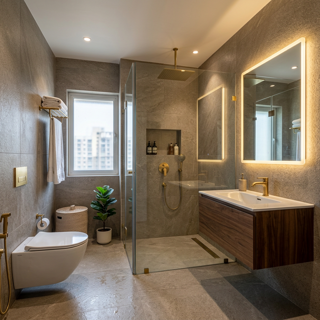 Contemporary bathroom renovation with premium stone finishes