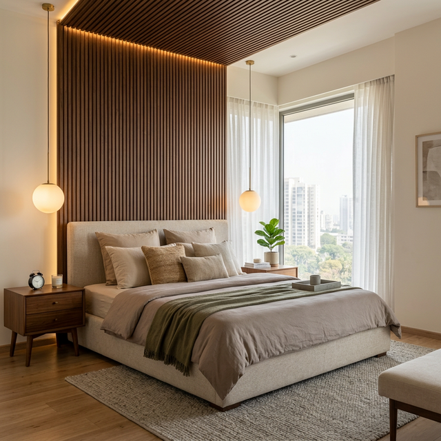 Premium master bedroom with custom fluted wood headboard