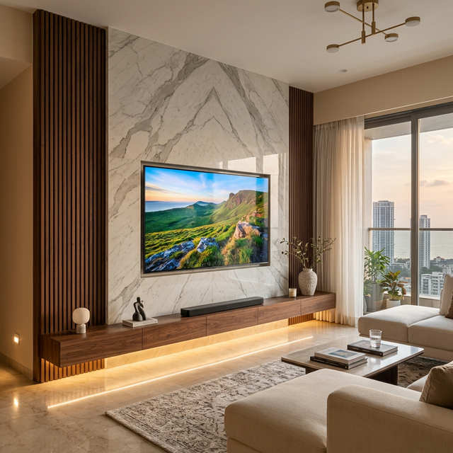 Custom TV unit wall with marble and slatted wood panels