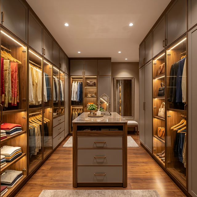 Walk-in wardrobe with internal LED lighting and accessories